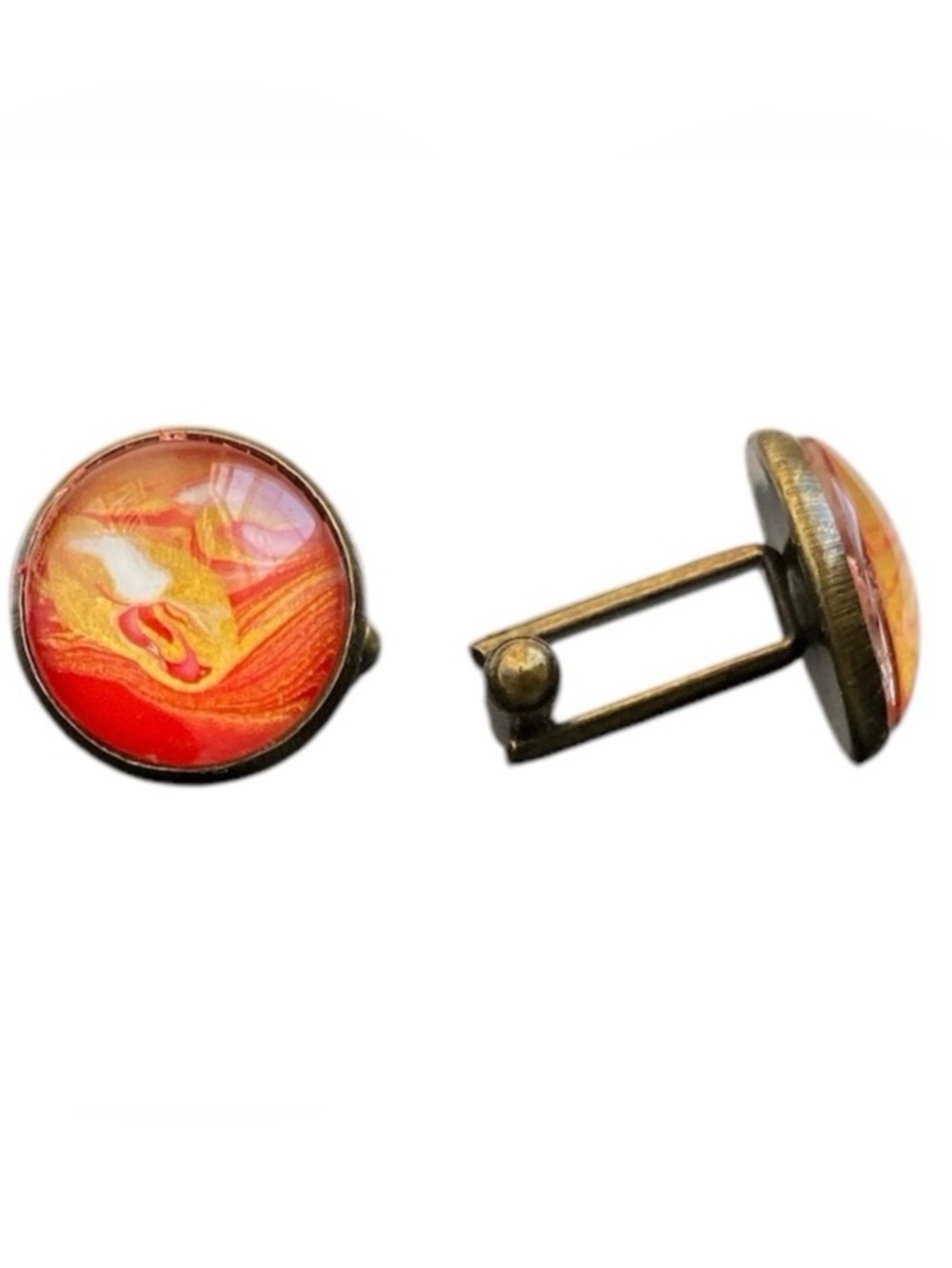 Hand Crafted Cufflinks Red Gold Fluid Art Brass Setting by Svetlana Yeung